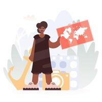 A woman holding a map and a camera vector
