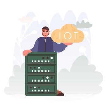 Man Getting a handle on the IoT Picture Inside the center of a Organize of Servers, Symbolizing the Interconnectivity and Mechanical Developments of Advanced Times. vector