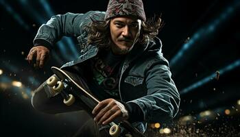 A young adult skateboarder performs a rock music inspired night trick generated by AI photo