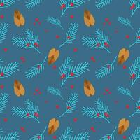 Christmas pattern with juniper branches and fir tree with berries and cones. Blue background. vector