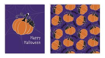 Halloween set Happy Halloween dark poster with hand drawn pumpkin and pattern with orange  pumpkins and lettering. vector