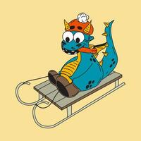 Funny fantasy character dragon sledding. Isolated on white background. Vector cartoon colorful icons.