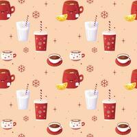 Seamless pattern winter drinks, mug, red. Tea, coffee, cocoa and lemon vector