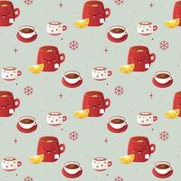 Seamless pattern winter drinks, mug, red. Tea, coffee, cocoa and lemon vector