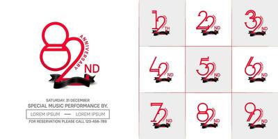 set of anniversary red color with black ribbon for special celebration event vector