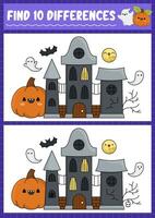 Halloween find differences game for children. Attention skills activity with cute haunted house, pumpkin, bat, ghost. Puzzle for kids with funny characters. Printable what is different worksheet vector