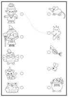 Halloween black and white matching activity with cute kawaii witch, owl, cat, monster. Autumn holiday line puzzle with cauldron, mouse, frog. Match the objects game. All saints day coloring page vector