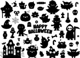 Vector Halloween silhouette set. Traditional trick or treat party black and white clipart. Scary shadow collection with pumpkin lantern, witch, ghost, skull, bat. Autumn holiday kawaii cute design