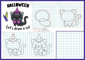 Halloween step by step drawing worksheet. How to draw a cat. Complete the picture by example activity. Vector autumn holiday writing practice worksheet. Printable coloring page