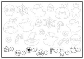 Halloween tracing worksheet with traditional holiday characters. Trace and count activity. Educational math, spy and drawing game. Autumn holiday coloring page with ghost, pumpkin, skull vector