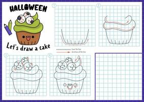 Halloween step by step drawing worksheet. How to draw a cake. Complete the picture by example activity. Vector autumn holiday writing practice worksheet. Printable coloring page with cupcake