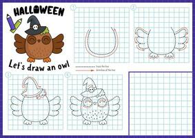 Halloween step by step drawing worksheet. How to draw an owl. Complete the picture by example activity. Vector autumn holiday writing practice worksheet. Printable coloring page