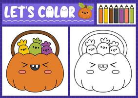 Halloween coloring page for children with cute kawaii pumpkin, sweets. Vector autumn holiday outline illustration. Color book for kids with colored example. Drawing skills printable worksheet