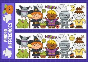 Halloween find differences game for children. Attention skills activity with cute witch, vampire, mummy, bat, frog. Puzzle for kids with funny characters. Printable what is different worksheet vector