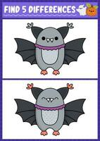 Halloween find differences game for children. Attention skills activity with cute bat. Puzzle for kids with funny character. Printable what is different worksheet vector