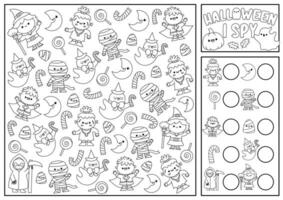 Halloween black and white I spy game for kids. Searching and counting activity with cute kawaii characters. Scary autumn printable worksheet for preschool children. Simple coloring page vector