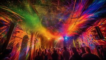 Nightclub stage illuminated with vibrant colors, crowd dancing in excitement generated by AI photo