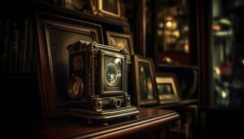 Antique camera on old table, capturing history still life generated by AI photo