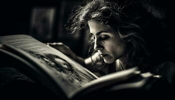 uno joven mujer leyendo libro, sonriente, disfrutando interior relajación generado por ai foto