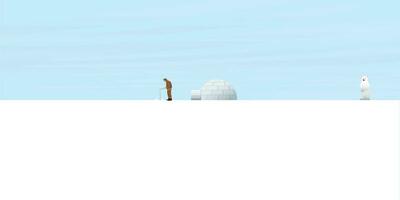 Eskimo fishing in front of igloo in snowland have polar bear looking from faraway flat design vector illustration.