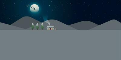 Navidad noche con Iniciar sesión cabina, monigote de nieve y pinos bosque en tierra de nieve plano diseño vector ilustración. Navidad saludo tarjeta modelo con blanco espacio.