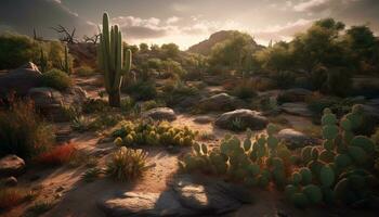 Nature beauty in arid climate sunset, mountain, and cholla cactus generated by AI photo
