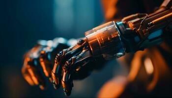 A man hand holds a wrench, repairing a robotic arm generated by AI photo
