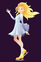 Figure skater girl greets with her hand, sporty blue dress for skating. Vector illustration in cartoon style