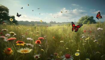 vibrante flores florecer en un prado, naturaleza vistoso obra maestra generado por ai foto