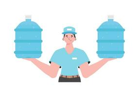 A man is holding a bottle of water. Delivery concept. Cartoon style character is depicted to the waist. Isolated. Vector. vector