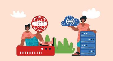 Two women are holding a computer and a router vector