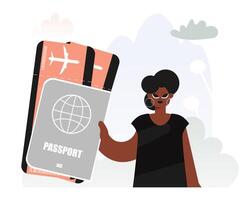 A woman holding a passport and an airplane vector