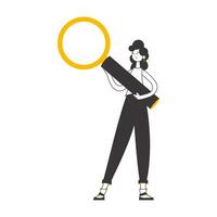 The girl is holding a magnifying glass in her hands. Linear trendy style. Isolated. Vector illustration.