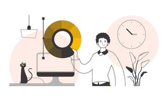 The designer guy holds a color wheel in his hands. Lines modern style. . vector
