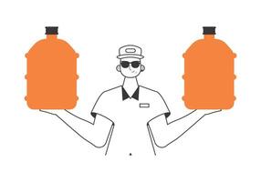 Water delivery concept. A man with a large bottle of water in his hands. Linear trendy style. vector