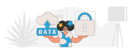 Girl with cloud storage and padlock, modern character style. vector