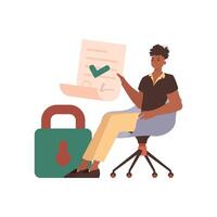 The man sits in a chair and holds a document in her hands. Data protection. Trend style character. vector