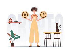 Cryptocurrency concept. A woman holds a bitcoin and a dollar in her hands. Character in modern trendy style. vector