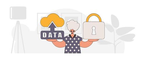 Icon of a person with cloud storage and a lock, in contemporary vector style.