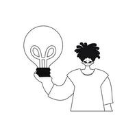 A man grasps a light bulb, symbolising ideas. Drawn in a simplistic, linear style, vector illustration.