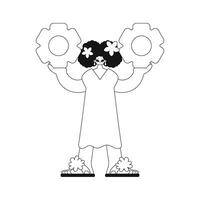 Girl holds gears, linear illustration in form. vector