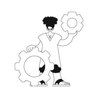 Man holds gears, a linear illustration. vector