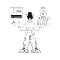 She has a tax return and coins in her hands shown in a linear vector illustration.