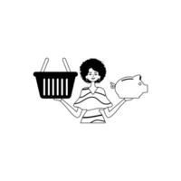The daughter is holding a hoggish surfeit share save bank and a stigmatize handcart . bootleg and white analogue stylus. Trendy style, Illustration vector