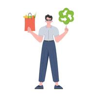 The man is depicted in full growth and holds a package with healthy food in his hands and shows an icon. Isolated. Flat trendy style. Vector. vector