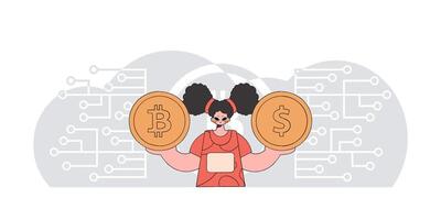 Girl is holding bitcoin and dollar. The concept of interaction with digital monetary assets. vector