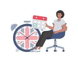 A man, a calendar with a marked date and a clock. The concept of learning English. Isolated. Trendy flat style. . vector