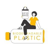 The guy is holding an eco package in his hands. The concept of ecological bags and plastic. Linear trendy style. vector