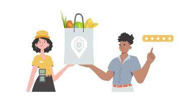 Woman courier holds a package with food. Home delivery concept. Isolated. trendy style. Vector. vector