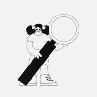 A unique woman is holding a magnifying glass, a loupe. Linear black and white style. vector